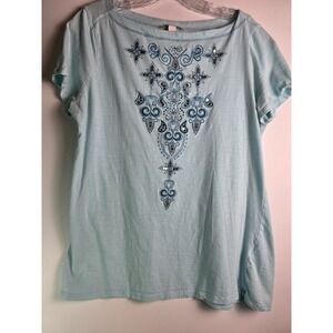 Westport 1962 Women's Embellished Light Blue T-shirt Top Size L 60% Cotton